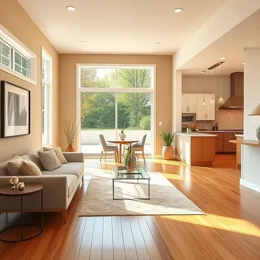 Spacious Milwaukee living room with neutral painted walls, hardwood floors, modern furniture, large windows, and open-concept design