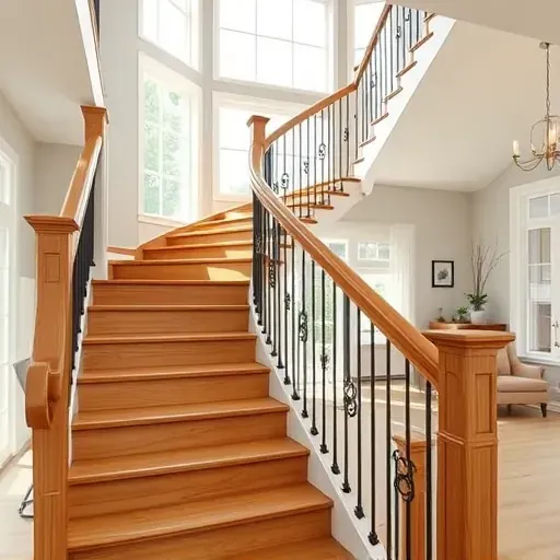 Beautifully painted oak staircase with wrought iron balusters and wooden handrail in a modern Milwaukee home interior