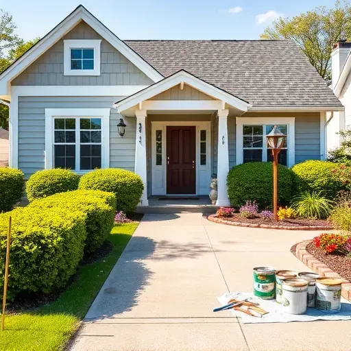 Freshly painted light gray house in Hales Corners WI with white trim, lush landscaping, and organized painting tools.