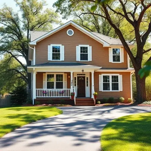 Freshly painted two-story home in Thiensville, WI, features taupe color, white trims, flowers, and a lush lawn.