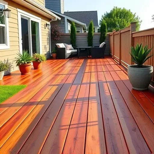 Freshly stained wooden deck in Milwaukee with warm tones, lush greenery, potted plants, modern patio for outdoor relaxation.