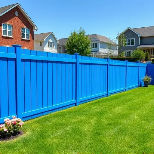 Freshly painted vibrant blue wooden fence in Milwaukee with lush yard and suburban neighborhood background