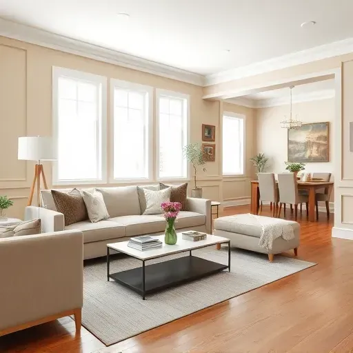 Beautiful painted living room in Greenfield WI featuring beige walls white crown molding hardwood floors and elegant decor