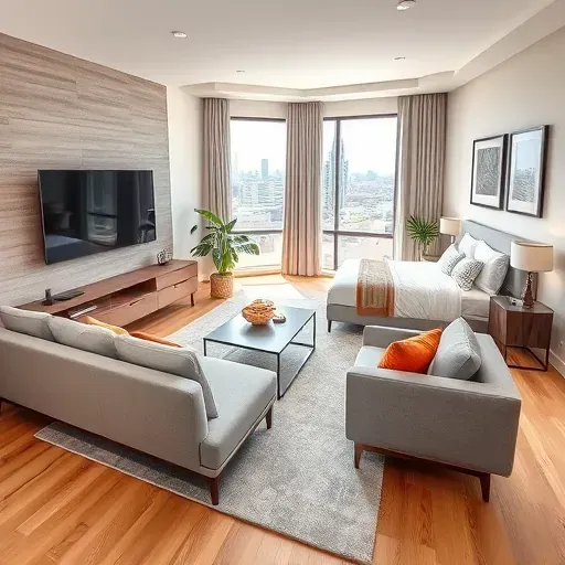 Beautiful Milwaukee living room and bedroom with modern furniture, scenic skyline view, natural daylight, and stylish decor