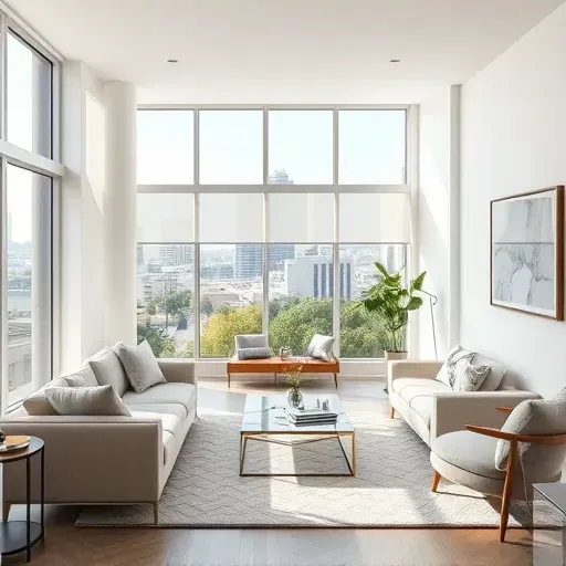 Freshly painted white interior wall in modern Milwaukee living room with elegant furniture, large windows, and scenic city views