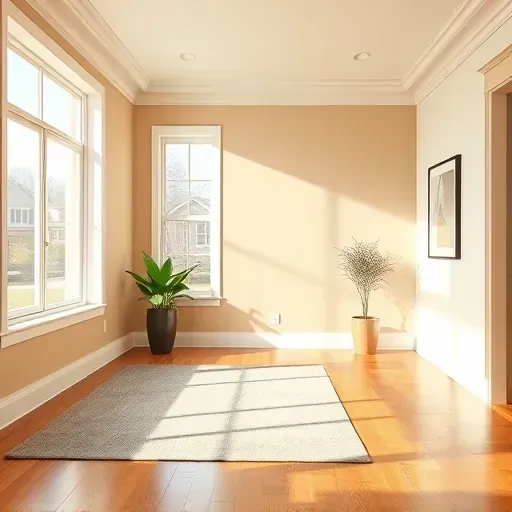 Interior modern living room in Brown Deer Wisconsin with smooth neutral walls, natural light, crown molding, hardwood floor, and minimal decor
