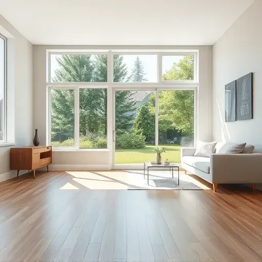 Freshly painted light gray interior wall in a modern Wauwatosa living room with polished wood floor and lush garden view