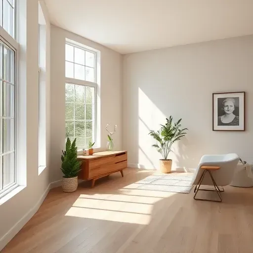 Freshly painted modern interior room in Waterford WI with beige walls, natural light, minimalist furniture, and warm decor