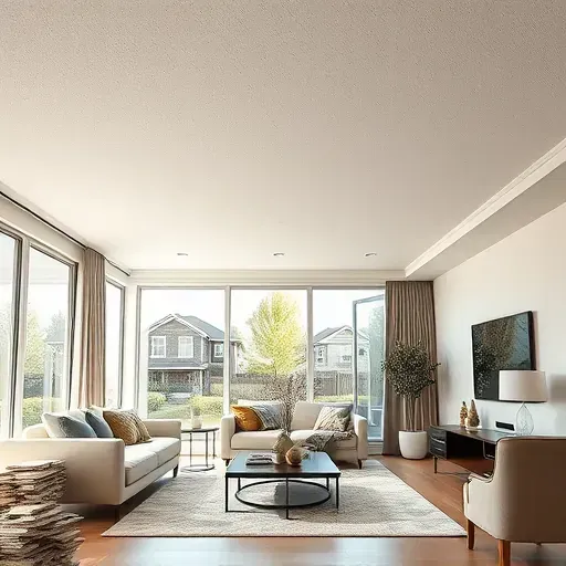 Modern living room with a restored smooth ceiling, removed popcorn texture, contemporary furniture, natural light, Milwaukee