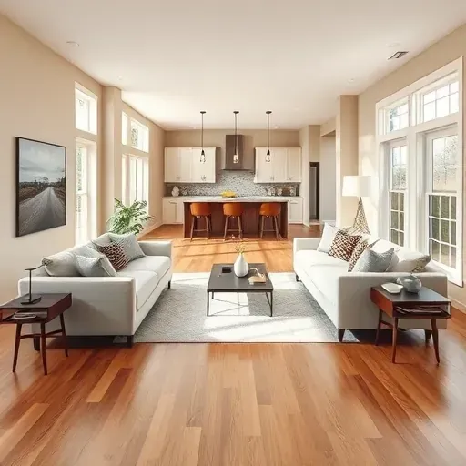 Freshly painted beige living room with natural light, modern furniture, open kitchen, hardwood floors, and elegant decor in Pleasant Prairie WI