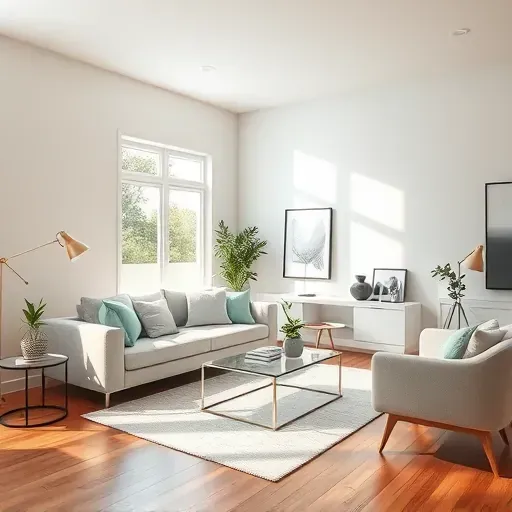 Modern living room in New Berlin WI with freshly painted neutral walls, contemporary furniture, hardwood floors, and natural light