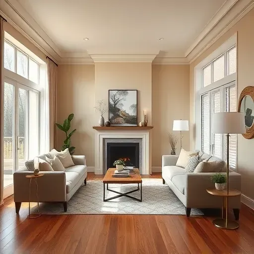 Beautiful renovated Bay View living room with neutral walls, hardwood floors, modern furniture, and cozy fireplace