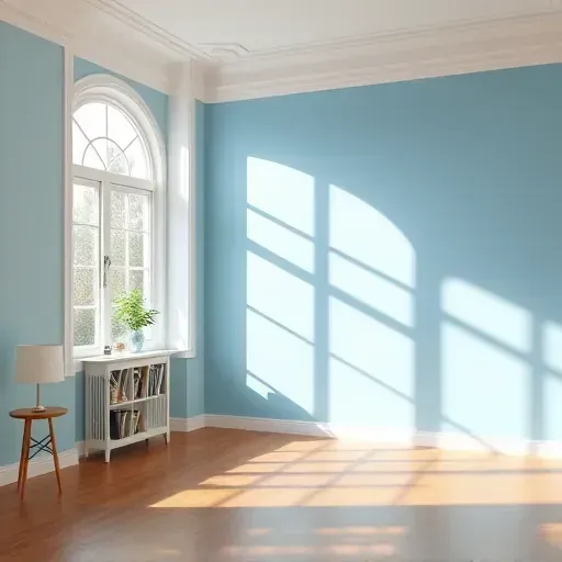 Vibrant pastel blue wall paint in a modern Cedarburg room with elegant molding and polished hardwood floors.