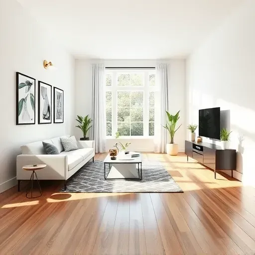 Freshly painted white interior room in Greendale Wisconsin with modern furniture, natural light, and polished hardwood floors