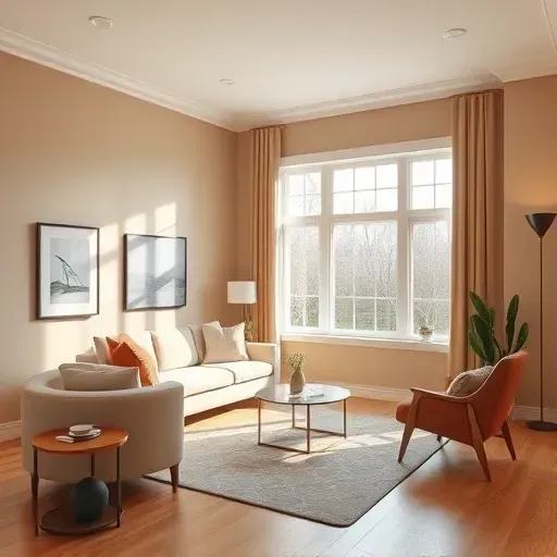 A modern living room in Mount Pleasant WI features freshly painted neutral walls, curated furniture, and natural light.