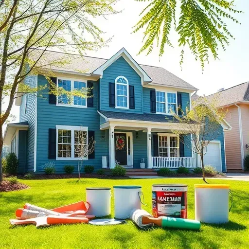 Beautifully painted modern home in Waterford WI with vibrant colors, lush lawn, and professional painting tools nearby.