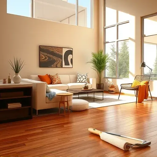 Freshly painted warm neutral interior room in Brookfield WI with modern windows, polished hardwood floors, and stylish decor