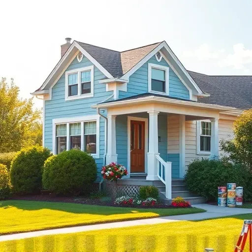 Charming suburban home in River Hills, WI, with fresh blue and white paint, lush lawn, and vibrant flower beds.