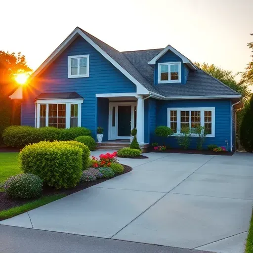 Beautifully painted blue residential home in Mequon WI with white trim, lush landscaping, and a warm sunset glow.