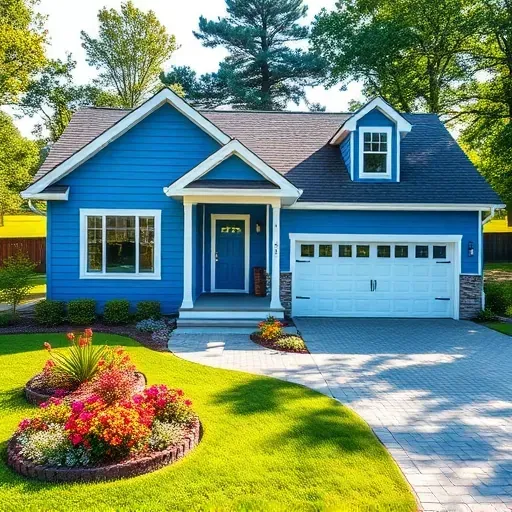 Completed residential painting project in Glendale WI featuring vibrant blue siding, white trim, colorful flower beds, and a lush lawn.