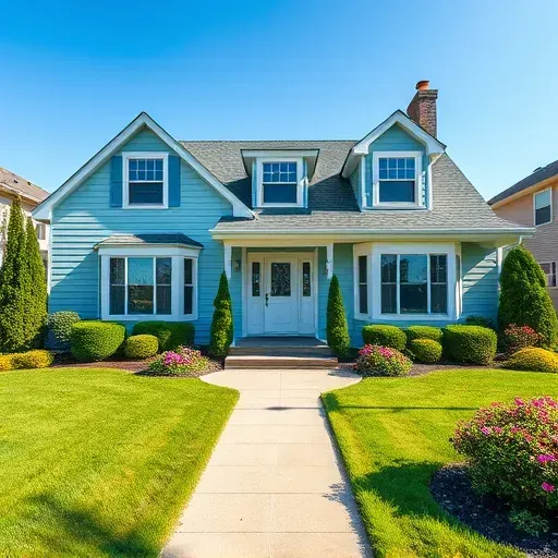 Completed residential painting project in Muskego WI displaying a light blue house with white trims and vibrant landscaping.