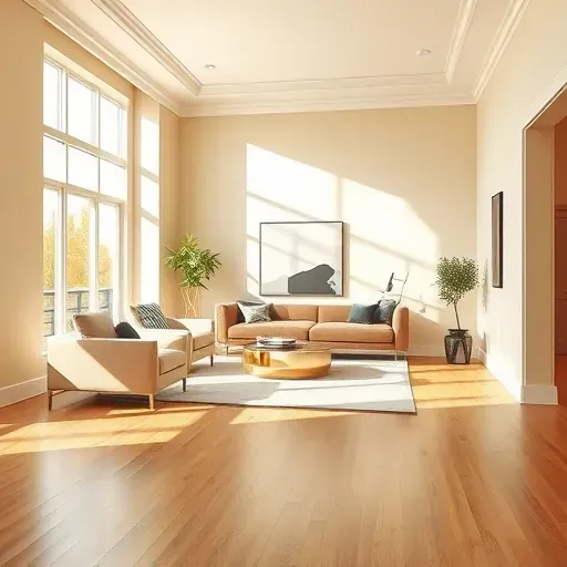 Interior of modern beige-painted living room in Racine WI with natural light, sleek furniture, hardwood floors, and detailed molding