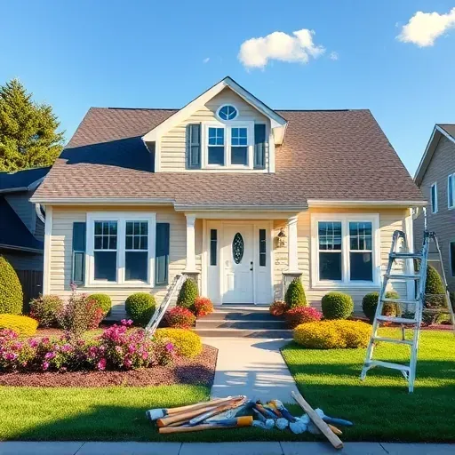 Exterior of a freshly painted suburban home in Cudahy, WI with vibrant landscaping and painting tools in view