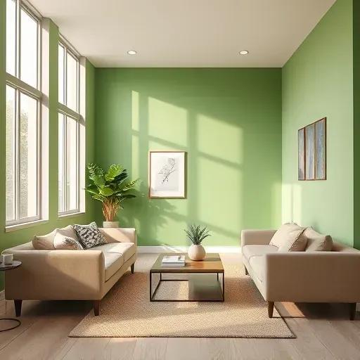 Freshly painted living room in Greenfield WI with green walls, beige sofa, modern furnishings, and natural light.