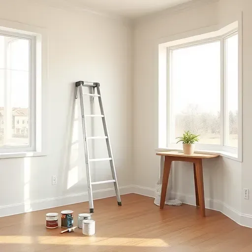 Freshly painted interior room in Franklin Wisconsin with beige walls, organized paint supplies, natural light, and modern decor