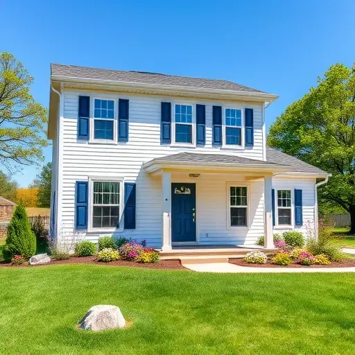 Exterior view of a newly painted home in Mequon WI featuring navy shutters, pastel trim, and a vibrant garden.