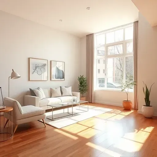 Interior room in Greenfield Wisconsin with freshly painted neutral walls, polished hardwood floors, and modern decor