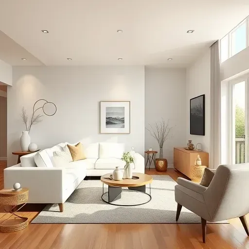 Freshly painted modern living room in Mount Pleasant WI with neutral tones, sleek furniture, natural sunlight, and stylish decor