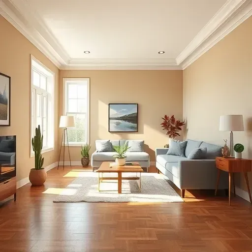 Modern Greenfield WI living room with beige painted walls, contemporary furniture, natural light, and polished hardwood floors.