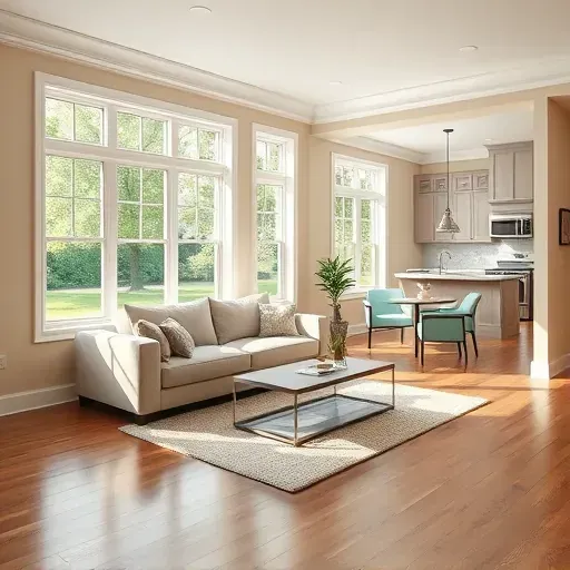 Modern living room in Hales Corners WI featuring neutral beige walls, hardwood floors, and a sleek sofa with natural light.