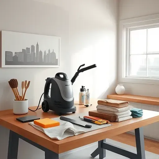 Clean organized Milwaukee wallpaper removal workspace with tools, steamer, and subtle city decor under natural light