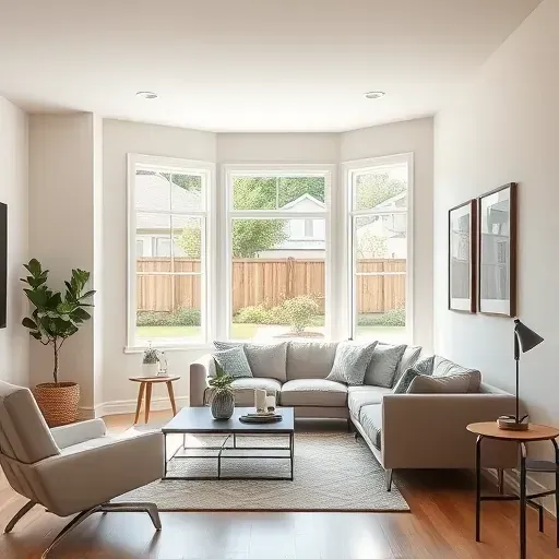 Freshly painted neutral walls in modern Cudahy living room with stylish furniture, natural light, and clean, professional finish