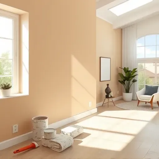 Freshly painted beige interior wall in Wauwatosa WI with natural sunlight, quality tools, modern decor, and flawless finish