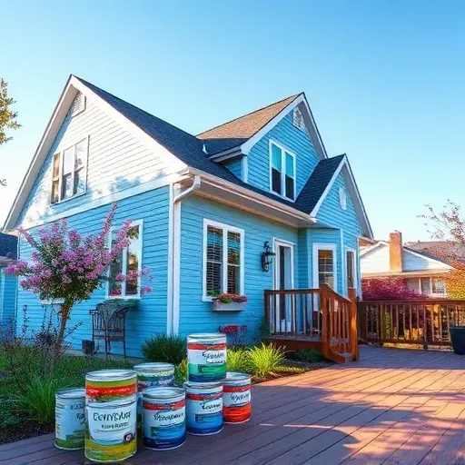 Transformed residential exterior in Pewaukee WI with painted blue and white walls, vibrant flowers, and a wooden deck.