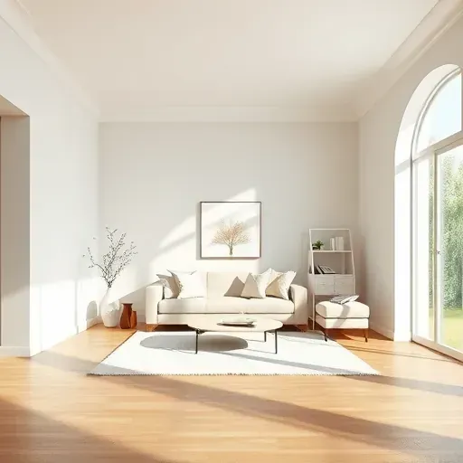 Freshly painted neutral living room in Wauwatosa with natural light, crown molding, polished floors, minimalist decor and elegant finish