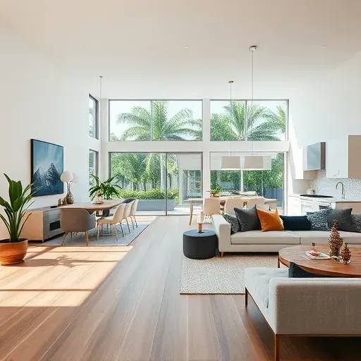 Modern open-concept living space in Jupiter FL, featuring elegant decor, hardwood floors, and a sophisticated kitchen.
