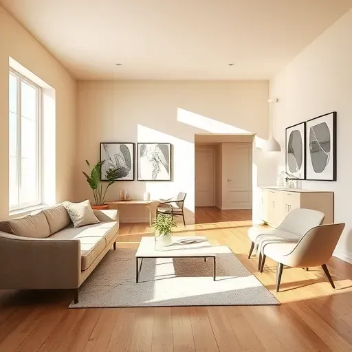 Brightly lit modern interior room in Sussex Wisconsin with smooth beige walls, sleek furniture, hardwood floors, and open-concept kitchen