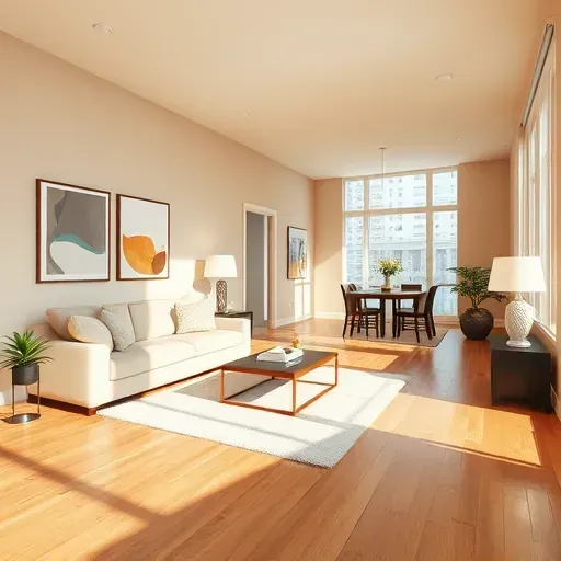 Spacious Milwaukee apartment interior with freshly painted warm neutral walls, modern furniture, hardwood floors, and natural light