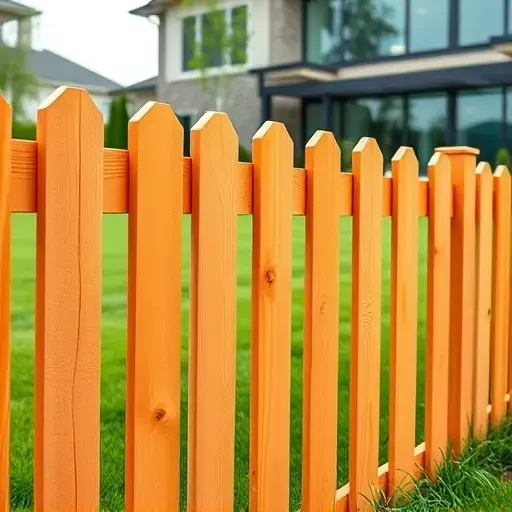 Freshly painted wooden fence in Milwaukee with vibrant color, detailed wood grain, lush yard, modern house in background