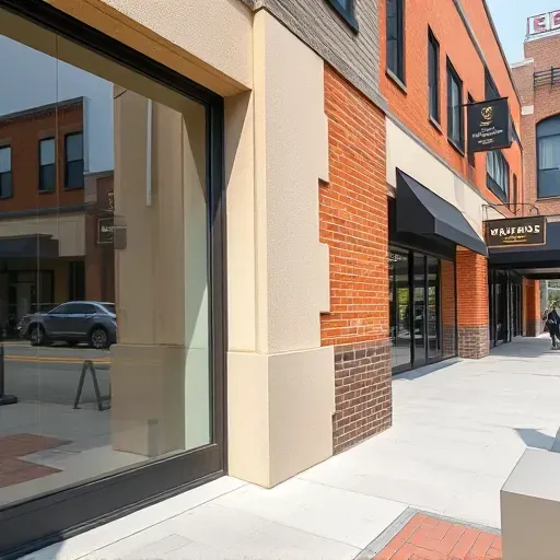 Freshly painted Milwaukee commercial building exterior featuring textured stucco and restored masonry bricks with natural lighting and urban background