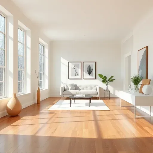 Bright Milwaukee living room with smooth neutral walls, polished hardwood floors, natural light, modern decor, and clean aesthetic