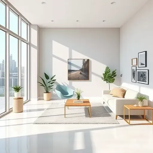 Freshly painted modern living room in Milwaukee with natural light, sleek furniture, and cityscape view through windows.