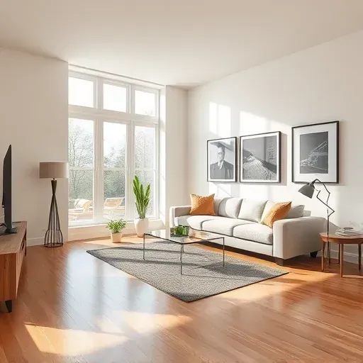 Bright modern Glendale WI living room with smooth neutral walls, large windows, polished hardwood floor, stylish furniture, and decorative plants