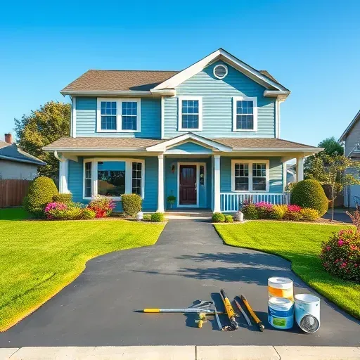 A painted suburban home in Glendale, WI with soft blue exterior, white trim, and lush landscaping showcases quality craftsmanship.