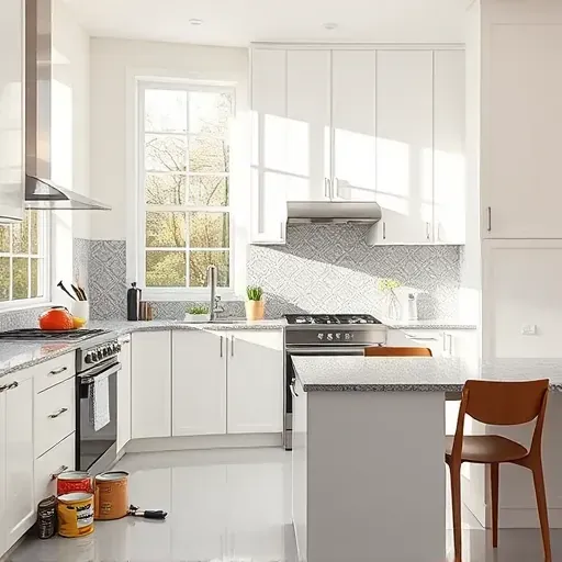 Freshly painted modern kitchen in Milwaukee with white cabinets stainless steel appliances granite countertops stylish backsplash and breakfast nook