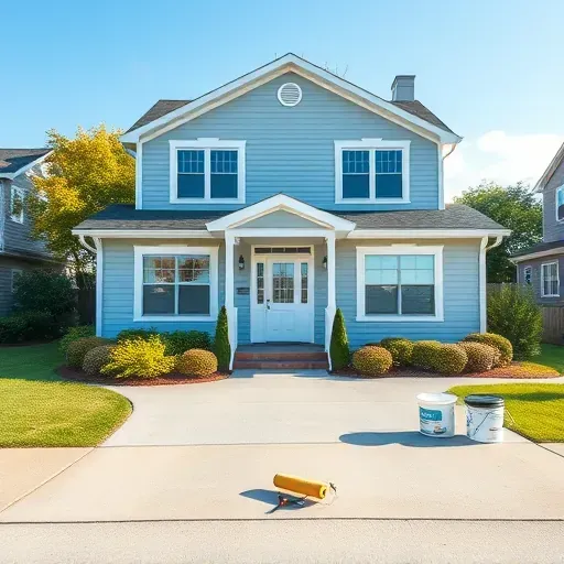 Two-story residential painting project in Union Grove WI with pale blue façade, white trim, manicured lawn, and tools.